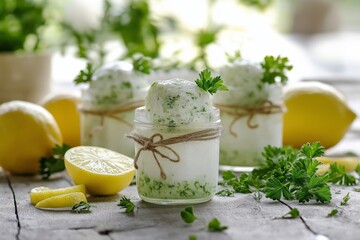 Wall Mural - Delightful parsley ice cream with lemon served in jars, garnished with fresh parsley. Concept features unique parsley ice cream with lemon blending flavors in this refreshing dessert