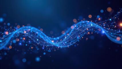 Poster - Flowing blue waves intertwine amidst glowing particles creating a vibrant digital atmosphere. The scene evokes a sense of motion and energy in a technological setting.
