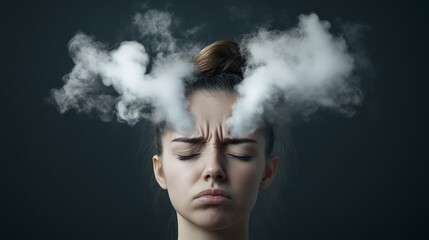 Aufkleber - Young woman with closed eyes and suffering facial expression feeling mental pressure and having smoke coming out of her head on a dark gray background