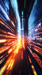Leinwandbilder - Abstract digital information flowing through futuristic cyberpunk cityscape with motion blur effect, representing the fast pace of technological advancement