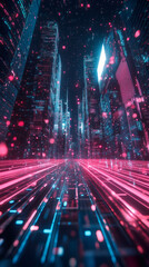 Leinwandbilder - Digital data streams are flowing on the street of a futuristic city with glowing skyscrapers at night