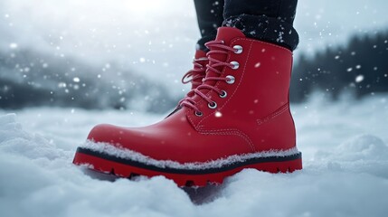 Wall Mural - Person in Red Boots Standing in Snow