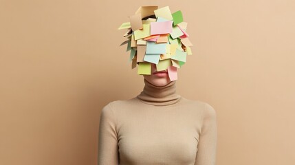 Aufkleber - Person with head covered in colorful sticky notes symbolizing mental overload, stress, and burnout. Conceptual representation of information overload and cognitive pressure