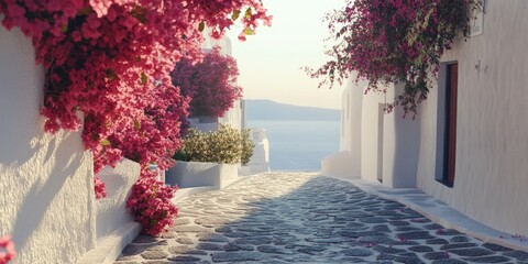 Wall Mural - Narrow cobblestone street with pink flowers