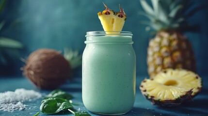 Wall Mural - Refreshing Tropical Smoothie with Pineapple, Coconut, and Spinach Delight