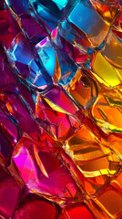Poster - Iridescent crystal surface reflecting vibrant colors with luminous geometric patterns shimmering under dramatic lighting