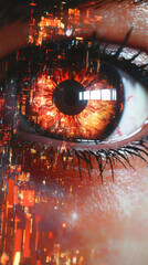 Leinwandbilder - Close-up of an eye reflecting the vibrant lights of a digital city, creating a mesmerizing blend of biology and technology