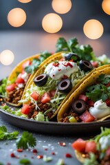 Wall Mural - Tasty tacos with fresh toppings showcase vibrant colors against a soft bokeh background at an evening gathering