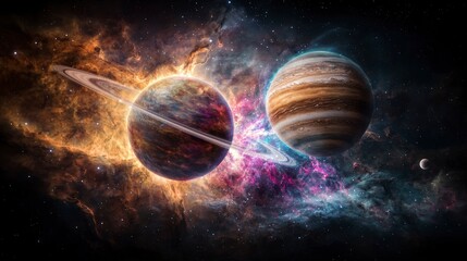 Leinwandbilder - Interstellar collision two enormous planets in a surreal cosmic scene outer space digital art fantasy environment