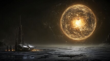 Poster - Cosmic realm surreal spacecraft and celestial orbs in a wide angle futuristic digital art scene
