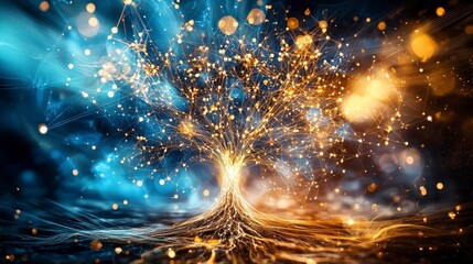 Poster - Interconnected essence a dreamlike cosmic landscape featuring a giant tree and nature's abundance
