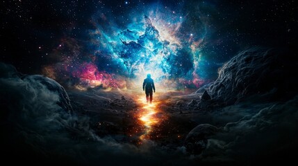 Poster - A space traveler walking on a glowing cosmic landscape universe digital art ethereal panoramic exploration