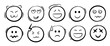 © OlivaGreen - Doodle emoji face icons set. Sketch style ink brush vector. Different expressions vector faces. Cat, angel, smile, in love, laughing, hypnosis, heart eyed.