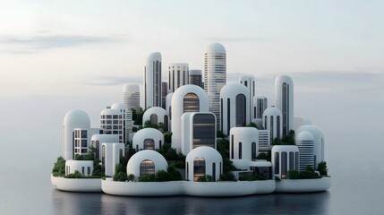 Poster - a conceptual floating city with interconnected dome like skyscrapers showcasing a sustainable and fu