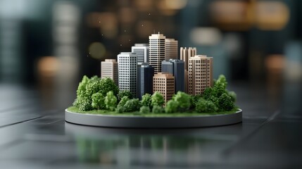 Poster - a futuristic cityscape showcasing a holographic sustainability policy simulator