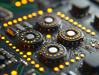 Poster - Closeup of a futuristic circuit board, glowing with warm light.  Intricate design elements evoke a sense of advanced technology and innovation.