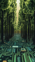 Aufkleber - Lush green forest growing on a futuristic computer circuit board, symbolizing innovative green technology and sustainable computing