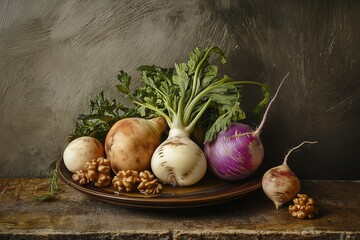 Wall Mural - Fresh turnips displayed with honey and walnuts, offering unique concept of vegetable ice cream. Concept explores turnip with honey and walnuts in innovative culinary presentations