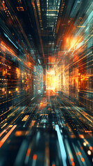 Leinwandbilder - Perspective view of digital information flowing through a virtual server room tunnel, transforming into binary code for data transmission