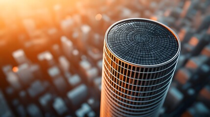 Poster - A striking modern tower with a twisted architectural design and metallic reflections standing tall in the midst of a dense urban skyline filled with other high rise buildings
