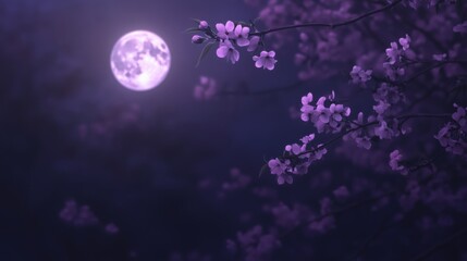 Wall Mural - a serene view of cherry blossoms under a full moon in a purple night sky.