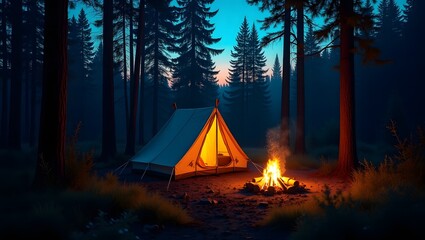 a serene nighttime camping scene deep in a dense forest with a tent lake and a bonfire
