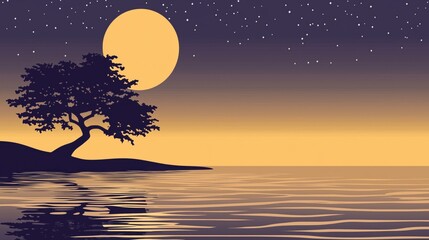Wall Mural - a silhouette of a tree against a full moon and starry sky over calm water.