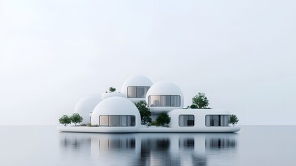 Fototapete - Conceptual rendering of a floating city with interconnected dome like skyscrapers showcasing futuristic and sustainable architectural design  The image depicts a modern minimalist