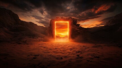 Wall Mural - a glowing doorway in a rocky landscape during a dramatic sunset.