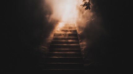 Wall Mural - a set of stairs illuminated by soft light, surrounded by fog and shadows.