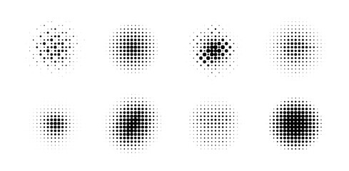 Poster - Set of halftone textures featuring circular dot patterns on a white background, each with varying densities and arrangements. The minimal design highlights texture diversity, contrast, and form.
