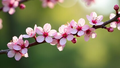Wall Mural - Pale pink flowers scattered along the length of a tree branch in early spring, spring, petals,