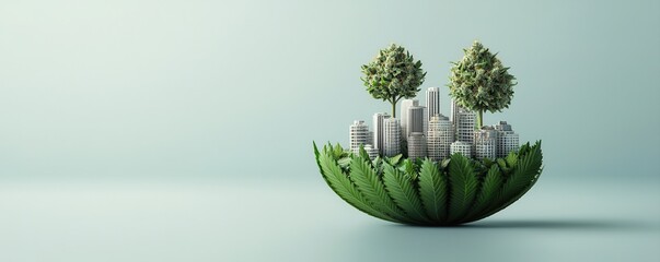 Wall Mural - A futuristic cityscape nestled within a green, leaf-like bowl, symbolizing harmony between nature and urban development.