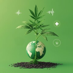 Wall Mural - A vibrant cannabis plant grows from a globe, symbolizing environmental sustainability and health.