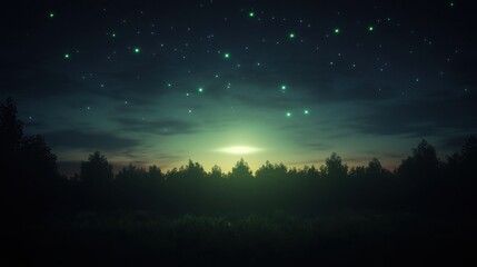 Wall Mural - a serene night scene featuring a starry sky above a dark forest silhouette.