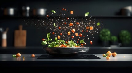 Poster - Futuristic digital cooking technology with a holographic chef assistant and floating 3D recipe instructions showcasing bright and visuals of a modern and innovative culinary and display concept