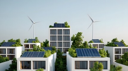 Poster - futuristic eco friendly tower powered by wind turbines and solar panels showcasing sustainable archi