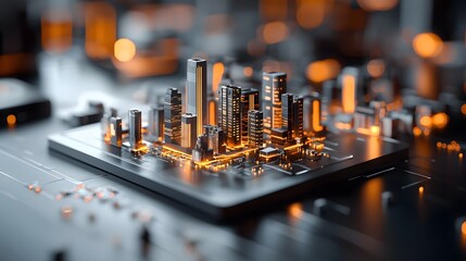 Poster - Futuristic holographic architecture rendering showcasing a 3D visualization of a floating ultra modern urban development model with glowing accents and a striking high tech skyline design