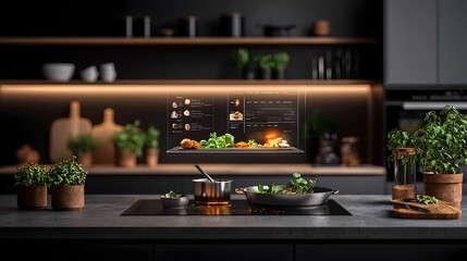 Poster - Futuristic holographic chef assistant floating in a bright modern kitchen showcasing a digital 3D cookbook with animated recipe steps projected on the counter