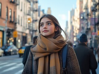 Woman wearing scarf on city street