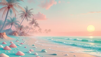 Wall Mural - stunning sunset over a serene beach with palm trees and seashells along the shore