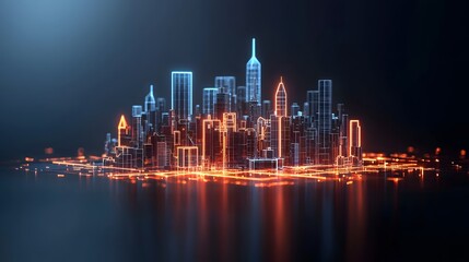 Poster - Futuristic holographic city skyline with glowing neon edges and detailed architectural blueprint  Stylized digital landscape featuring skyscrapers towers and modern urban design in a vibrant