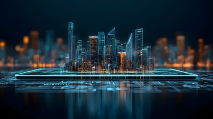 Poster - futuristic holographic cityscape with floating skyscrapers glowing neon edges and an ultra detailed 