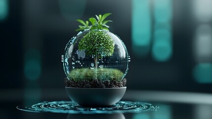 Poster - Futuristic holographic climate change dashboard displaying advanced AI driven environmental impact tracking and innovative sustainability solutions for a greener future