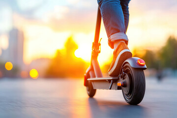 person rides electric scooter at sunset, showcasing motion and energy