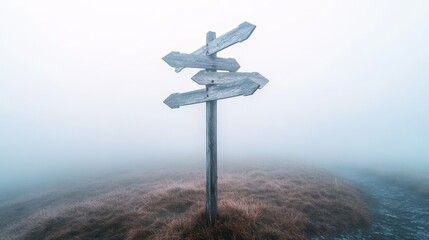 Poster - Wooden signpost showing multiple directions in a foggy landscape, creating a concept of choice, decision making, and the fear of better options - fobo -