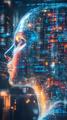 Leinwandbilder - Complex digital information and connections flowing through a futuristic human face, symbolizing the emergence of artificial intelligence