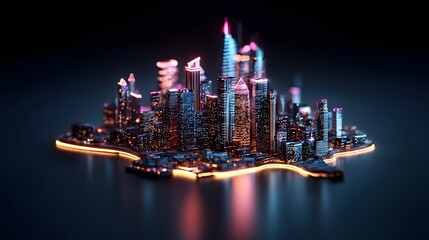Poster - Futuristic holographic floating city skyline with glowing neon architecture and ultra detailed precision design concept  Visionary urban landscape with advanced technology sleek skyscrapers