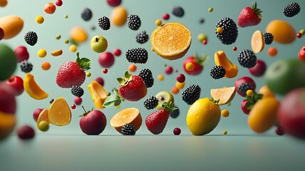 Poster - Futuristic Holographic Fruit Scan   Detailed 3D Floating Produce Projection for Innovative and Immersive Grocery Shopping Experience  and Vibrant Digital Fruit Display on Clean Background