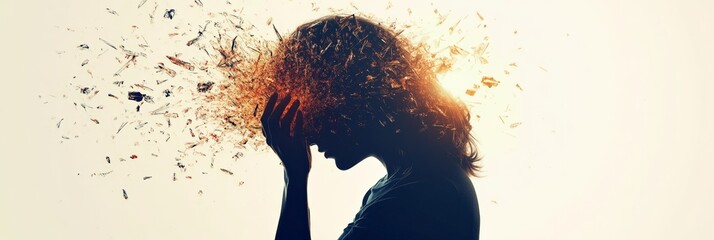 Fototapete - Silhouette of a person with head shattering into fragments, symbolizing mental overload, burnout, and stress. Represents the chaos of thoughts and the impact of overwhelming emotions